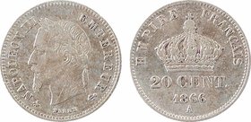 Second Empire, 20 centimes tête laurée petit module, 1866 Paris
A/(différent) NAPOLEON III - EMPEREUR (différent)
Tête laurée à gauche ; au-dessous ...