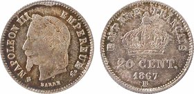 Second Empire, 20 centimes tête laurée grand module, 1867 Strasbourg
A/(différent) NAPOLEON III - EMPEREUR (différent)
Tête laurée à gauche ; au-des...