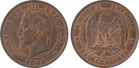 Second Empire, dix centimes tête laurée, 1864 Strasbourg
A/NAPOLEON III - EMPEREUR// (différent) (date) (différent)
Tête laurée à gauche ; au-dessou...