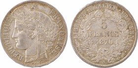 Gvt de Défense nationale, 5 francs Cérès avec légende, 1870 Paris
A/REPUBLIQUE - FRANÇAISE.
Tête de Cérès couronnée à gauche sous une étoile, au-des...