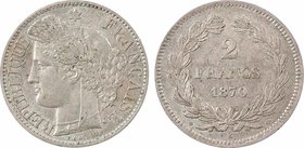 Gvt de Défense nationale, 2 francs Cérès sans légende, 1870 Bordeaux (ancre)
A/REPUBLIQUE - FRANÇAISE.
Tête de Cérès couronnée à gauche, au-dessous ...