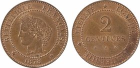 IIIe République, 2 centimes Cérès, 1878 Paris
A/REPUBLIQUE FRANÇAISE// * (date) *
Tête de Cérès à gauche, au-dessous signature OUDINÉ
R/LIBERTE * E...