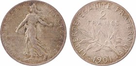 IIIe République, 2 francs Semeuse, 1901 Paris
A/REPUBLIQUE - FRANÇAISE
Semeuse à gauche, au-dessous O. Roty
R/LIBERTE. EGALITE. FRATERNITE// (date)...
