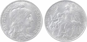 IIIe République, essai de 10 centimes Daniel-Dupuis, aluminium, 1908 Paris
A/REPUBLIQUE - FRANÇAISE
Buste habillé de la République à droite, coiffée...