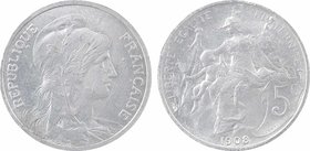 IIIe République, essai de 5 centimes Daniel-Dupuis, aluminium, 1908 Paris
A/REPUBLIQUE - FRANÇAISE
Buste habillé de la République à droite, coiffée ...