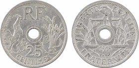 IIIe République, 1er essai de 25 centimes par Becker, petit module, 1913 Paris
A/RF/ 25/ CENTIMES
Un coq à gauche et une gerbe à droite du trou cent...