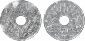 État français, vingt centimes zinc, 1941 Paris
A/ETAT/ FRANÇAIS
Épis de blé autour du trou central ; signature A. DE G
R/VINGT/ CENTIMES/ (différen...