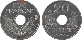 État Français, 20 centimes fer, 1944 paris
A/ETAT/ FRANÇAIS
Épis de blé autour du trou central ; signature A. DE G
R/20/ CENTIMES/ (différent) (dat...
