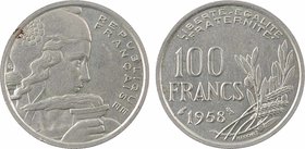 IVe République, 100 francs Chouette, 1958 Paris
A/REPUBLIQUE// FRANÇAISE
Buste à droite de la République avec un bonnet phrygien et tenant un flambe...