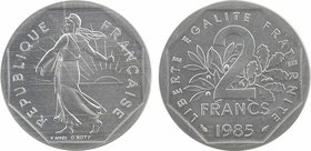Ve République, piéfort de 2 francs Semeuse en argent, 1985 Pessac
A/REPUBLIQUE - FRANÇAISE
Semeuse à gauche, au-dessous D'APRES O. ROTY
R/(différen...