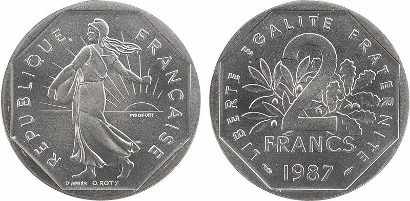 Ve République, piéfort de 2 francs Semeuse en argent, 1987 Pessac
A/REPUBLIQUE ...