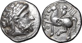 Celtic World.Celtic, Eastern Europe.AR Tetradrachm, imitating Philip II, 3rd century BC.D/ Head of Zeus right, laureate.R/ Horseman left; on horse, sy...