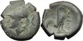 Greek Italy.Samnium, Southern Latium and Northern Campania, Cales.AE 19 mm, 265-250 BC.D/ Head of Athena left, wearing Corinthian helmet.R/ Cock stand...
