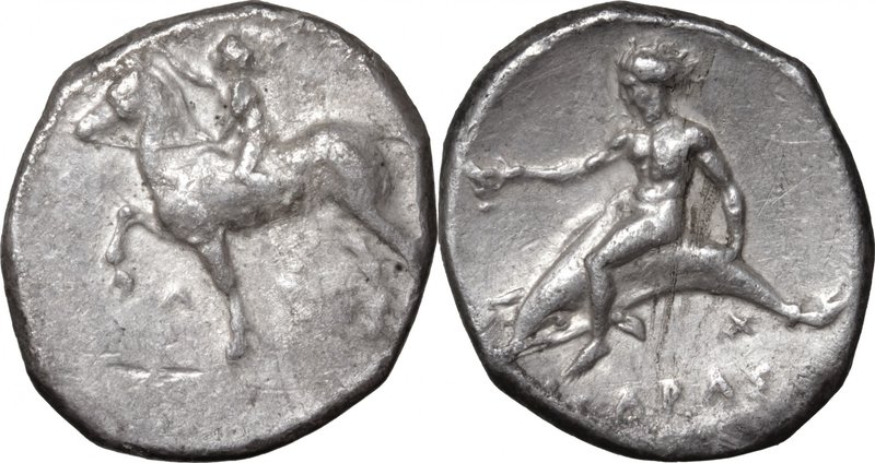 Greek Italy.Southern Apulia, Tarentum.AR Nomos, 380-340 BC.D/ Horseman left, cro...