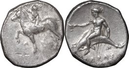 Greek Italy.Southern Apulia, Tarentum.AR Nomos, 380-340 BC.D/ Horseman left, crowning his horse.R/ Phalantos riding on dolphin left, holding kantharos...