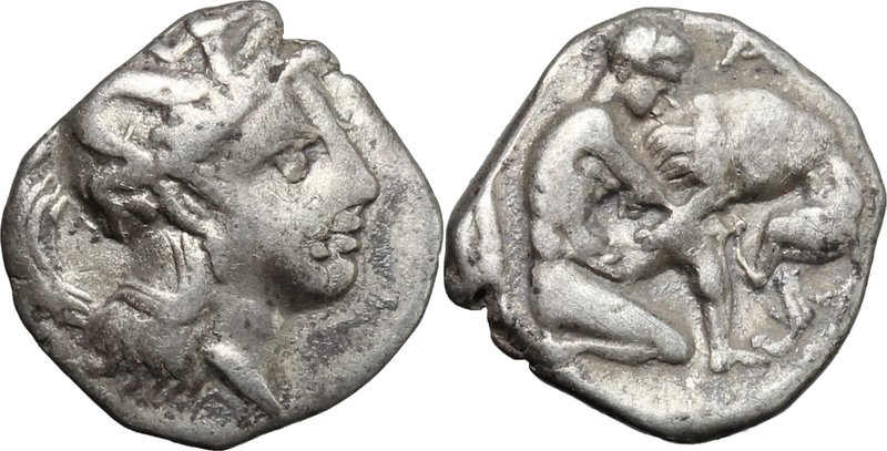 Greek Italy.Southern Apulia, Tarentum.AR Diobol, 380-325 BC.D/ Head of Athena ri...