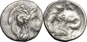 Greek Italy.Southern Apulia, Tarentum.AR Diobol, c. 340 BC.D/ Head of Athena right, wearing helmet decorated with Scylla hurling rock.R/ Herakles knee...