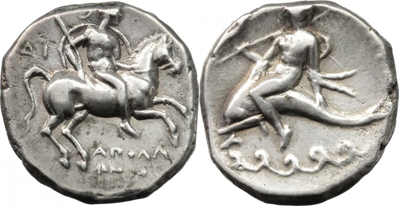 Greek Italy.Southern Apulia, Tarentum.AR Nomos, circa 272-240 BC.D/ Warrior on h...