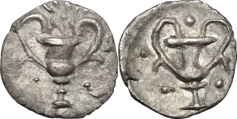 Greek Italy.Southern Apulia, Tarentum.AR Obol, c. 280-228 BC.D/ Kantharos; five ...