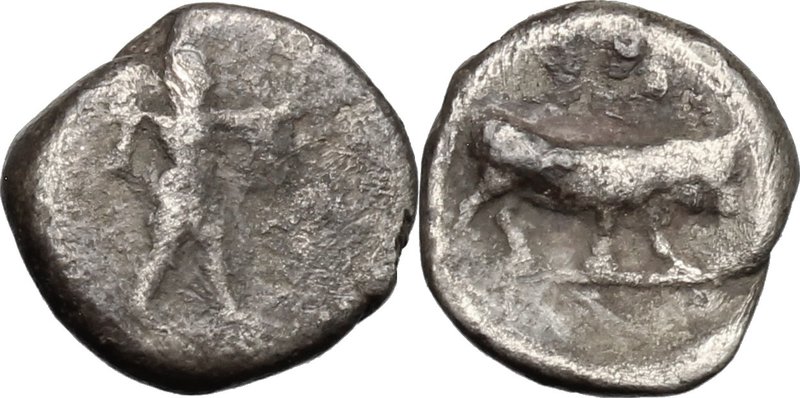Greek Italy.Lucania, Poseidonia-Paestum.AR Obol, 410-350 BC.D/ Poseidon striding...
