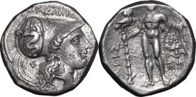 Greek Italy.Southern Lucania, Heraclea.AR Stater, 281-278 BC.D/ Head of Athena right, wearing Corinthian helmet decorated with Scylla hurling rock; be...