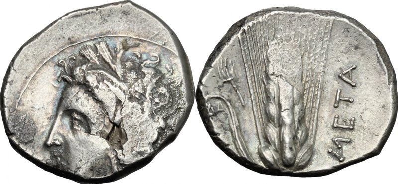 Greek Italy.Southern Lucania, Metapontum.AR Stater, 330-290 BC.D/ Head of Demete...