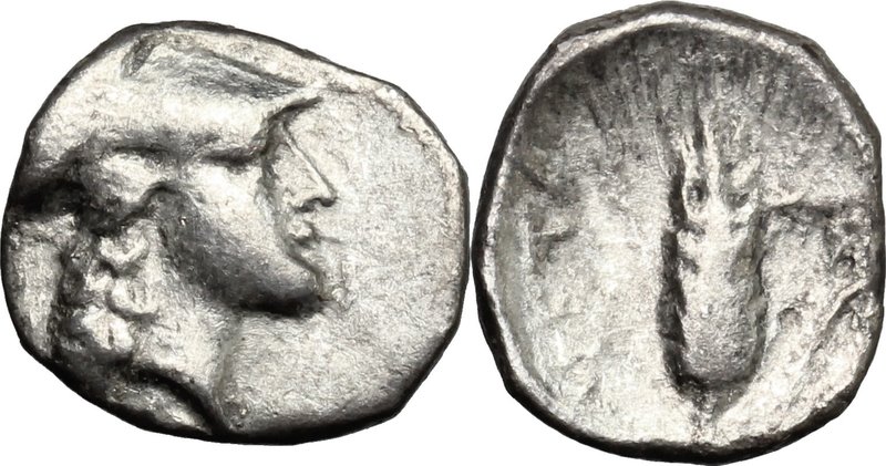 Greek Italy.Southern Lucania, Metapontum.AR Diobol, 315-275 BC.D/ Head of Athena...