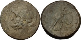 Greek Italy.Bruttium, Brettii.AE Double (Didrachm) c. 208-203 BC.D/ Head of Ares left, wearing crested Corinthian helmet decorated with a griffin.R/ A...