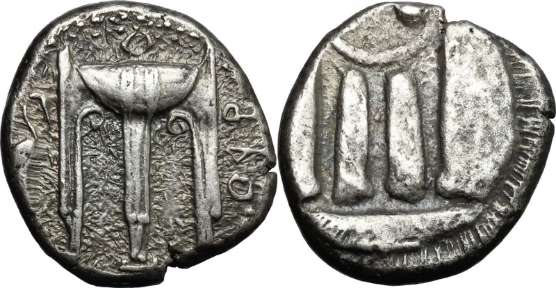 Greek Italy.Bruttium, Kroton.AR Stater, 480-430 BC.D/ ϘPO. Tripod; to left, mash...