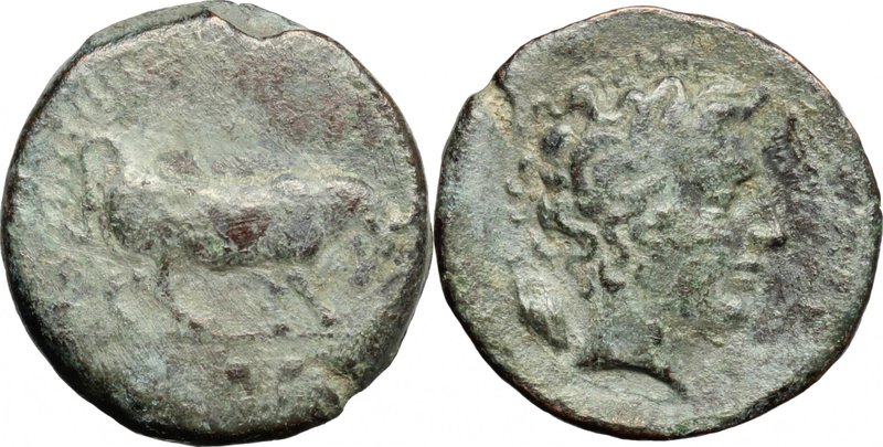 Sicily.Gela.AE Trias, 420-405 BC.D/ Bull standing right; in exergue, three pelle...