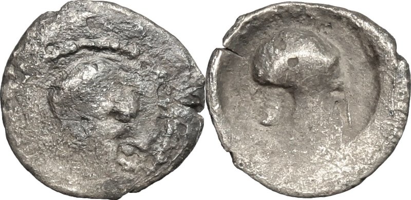 Sicily.Himera.AR Obol, 470-450 BC.D/ Bearded male head right, wearing taenia.R/ ...