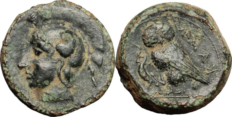 Sicily.Kamarina.AE Tetras, 413-405 BC.D/ Head of Athena left, helmeted.R/ Owl st...