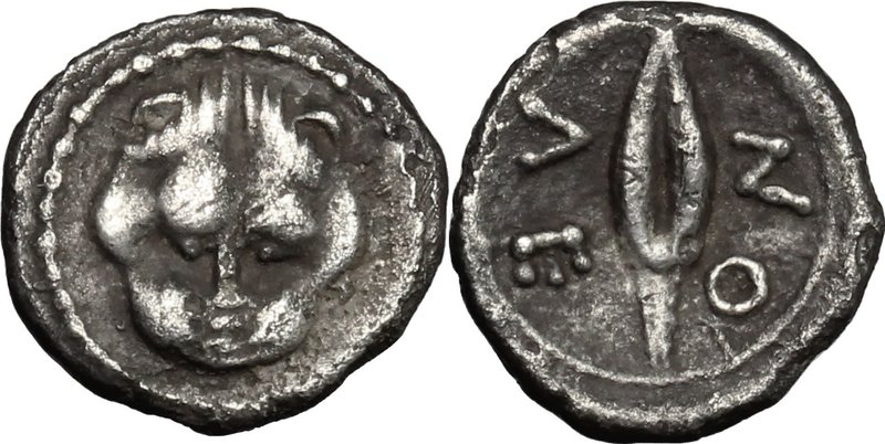 Sicily.Leontini.AR Litra, c. 476-466 BC.D/ Facing lion's scalp.R/ ΛE-ON. Barley ...