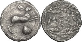 Sicily.Messana.AR Litra, c. 420-413 BC.D/ Hare springing right; scallop shell below.R/ MEΣ within wreath.SNG ANS 348-9; HGC 2, 817.AR.g. 0.64 mm. 13.0...