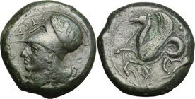 Sicily.Syracuse.Timoleon and the Third Democracy (344-317 BC).AE Trias, 344-317 BC.D/ Head of Athena left, wearing Corinthian helmet decorated with ol...