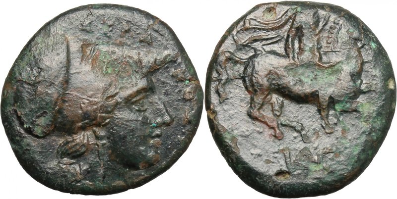 Sicily.Syracuse.Agathokles (317-289 BC).AE 19mm.D/ Head of Athena right, helmete...