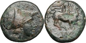 Sicily.Syracuse.Agathokles (317-289 BC).AE 19mm.D/ Head of Athena right, helmeted.R/ Horseman right.CNS II, 117.AE.g. 5.49 mm. 19.00Nice patina.VF/Abo...