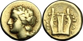 Sicily.Syracuse.Agathokles (317-289 BC).EL 25 litrae, 310-300 BC.D/ Head of Apollo left.R/ ΣYPAKOΣIΩΝ. Lyre.SNG ANS 619. SNG Cop. 708.EL.g. 1.85 mm. 1...