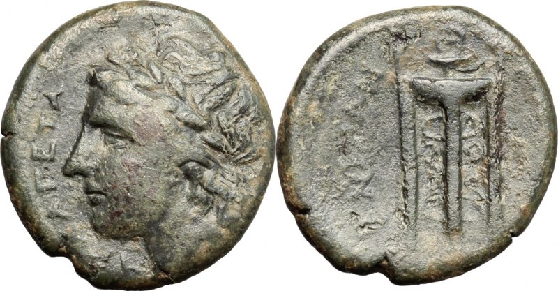 Sicily.Tauromenion.AE, 358-275 BC.D/ Head of Apollo right, laureate.R/ Tripod.SN...