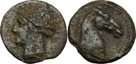 Punic Sardinia.AE 19 mm. c. 300-264 BC.D/ Head of Kore left, wearing wreath of grain ears, earring and necklace.R/ Head and neck of horse right; in fi...