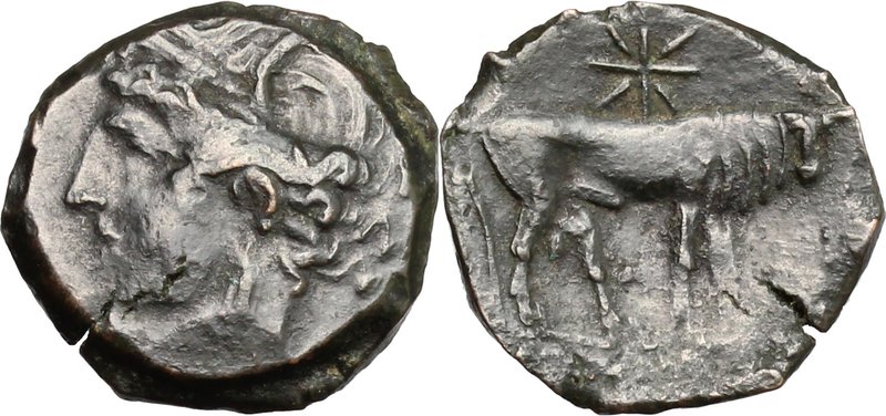 Punic Sardinia.AE 21 mm., Second Punic War, c. 218-201 BC.D/ Head of Tanit left,...