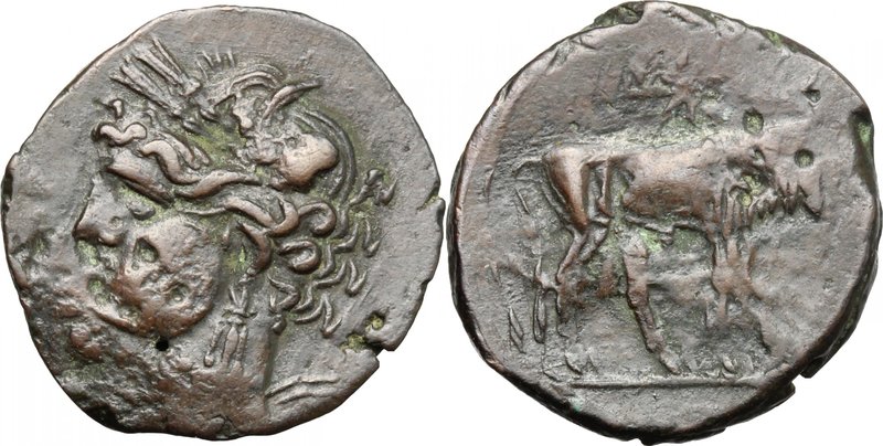 Punic Sardinia.AE 21 mm., Second Punic War, c. 218-201 BC.D/ Head of Tanit left,...