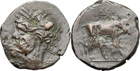 Punic Sardinia.AE 21 mm., Second Punic War, c. 218-201 BC.D/ Head of Tanit left, wearing wreath.R/ Bull standing right; above, star.SNG Cop. 387-8.AE....