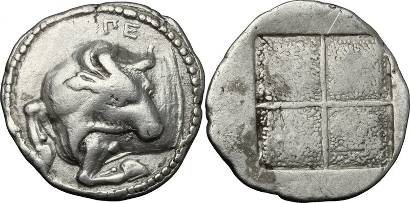 Continental Greece.Macedon, Akanthos.AR Tetrobol, c. 470-390 BC.D/ Forepart of b...