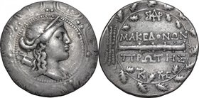 Continental Greece.Macedon.Roman Rule.AR Tetradrachm, 158-150 BC.D/ Macedonian shield, in center, head of Artemis right, diademed.R/ Club within oak-w...