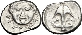 Continental Greece.Thrace, Apollonia Pontika.AR Drachm, second half of 4th century BC.D/ Gorgoneion.R/ Anchor; to left, crayfish; to right, A.SNG Fitz...