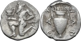 Continental Greece.Islands off Thrace, Thasos.AR Trihemiobol, c. 411-350 BC.D/ Silenos kneeling left, holding kylix.R/ Amphora.Le Rider, Thasiennes 27...