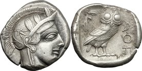 Continental Greece.Attica, Athens.AR Tetradrachm, 479-393 BC.D/ Head of Athena right, helmeted, with frontal eye.R/ Owl standing right, head facing; b...