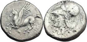 Continental Greece.Corinthia, Corinth.AR Stater, c. 345-307 BC.D/ Pegasos flying left; below, koppa.R/ Head of Athena left, helmeted; behind, Athena h...