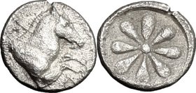 Greek Asia.Aeolis, Kyme.AR Hemiobol, c. 350 BC.D/ Forepart of horse right.R/ Flower.SNG v. Aulock, 7692. SNG Kayhan 91-93.AR.g. 0.35 mm. 7.00About VF.